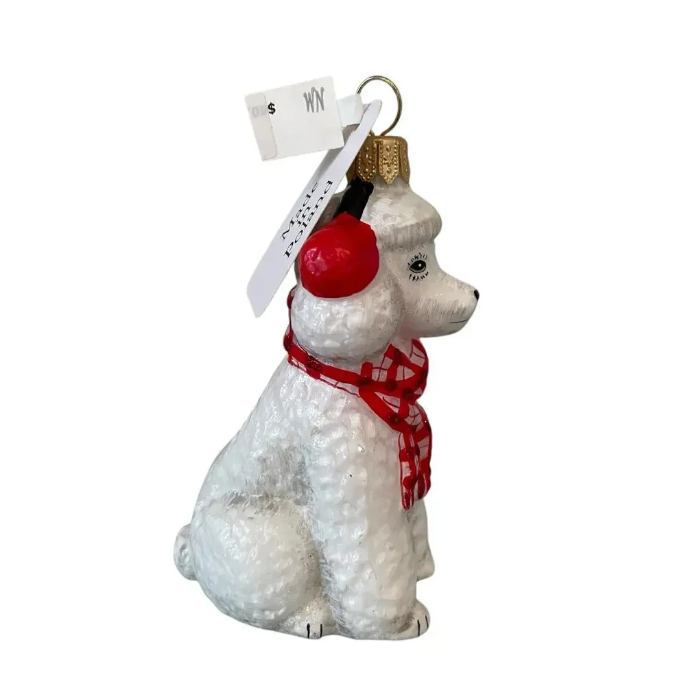 Neiman Marcus White Poodle Wearing Red Scarf & Earmuffs Christmas Ornament NEW
